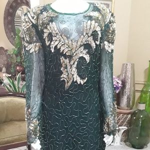 Laurence Kazar Green & Gold Beaded Evening Dress
